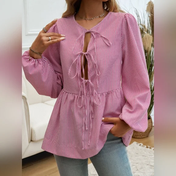 Devine Tied Striped Long Sleeve Blouse - Picture 3 of 7